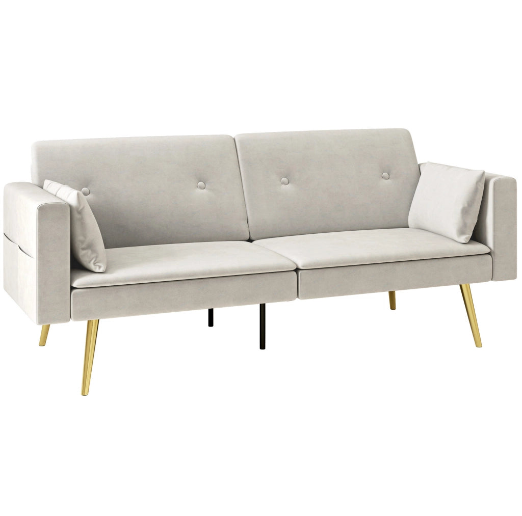 Divano letto 2 posti beige con schienale reclinabile e tasche laterali