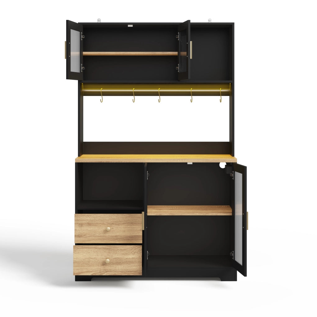 Credenza alta 110x40x178 cm con LED; prese USB e vetrina in MDF nero