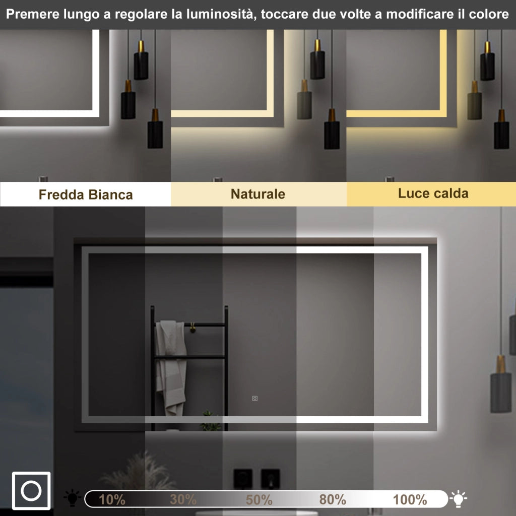 AICA Specchio da bagno  80 x 150 cm, dimmerabile, interruttore touch, Funzione Memoria, antiappannamento, 3 colori
