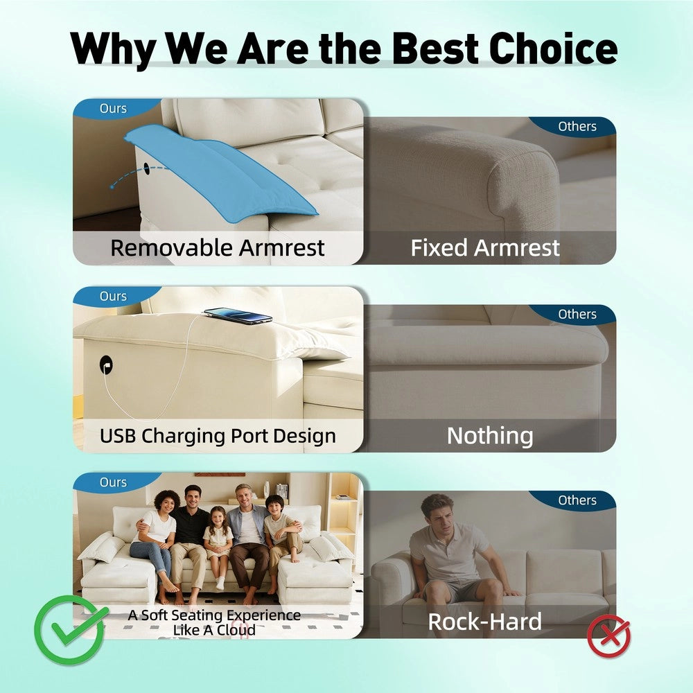 Divano Angolare ad U con Letto Estraibile ¨C Xylo ¨C Crema, USB, 278 cm