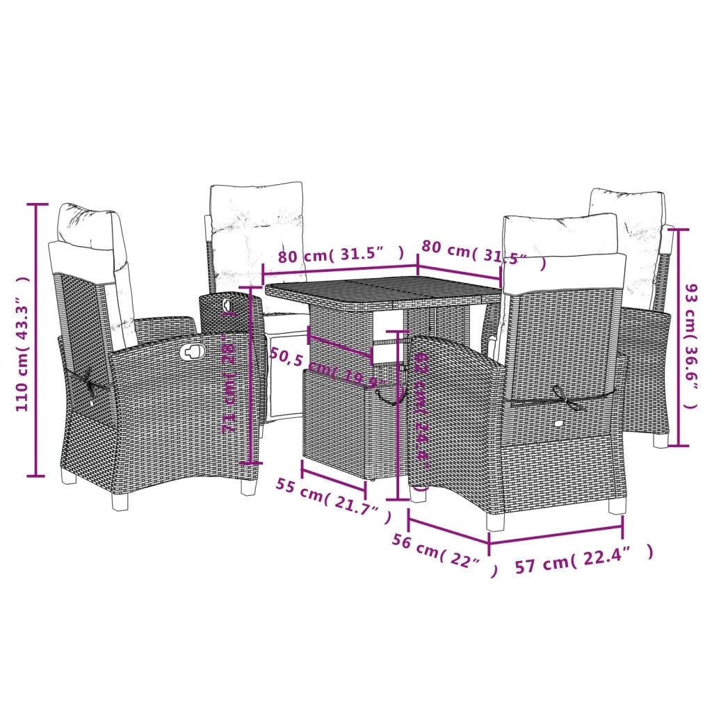Set da Pranzo da Giardino 5 pz Nero con Cuscini in Polyrattan 3277376