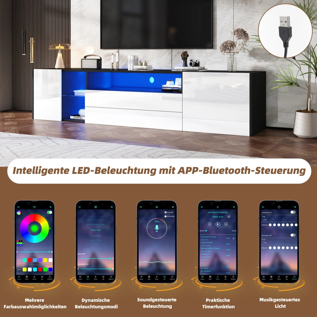 MOBILE TV 180x40x45 cm con LED 2 cassetti 2 ante bianco e nero lucido