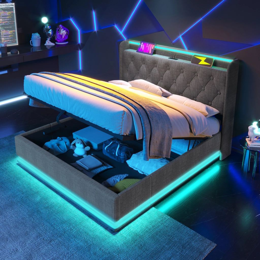 OKWISH Letto Contenitore 140×200 cm, Letto Matrimoniale con LED 360°, USB, Tipo C e Mensole, senza Materasso, in Lino, Grigio