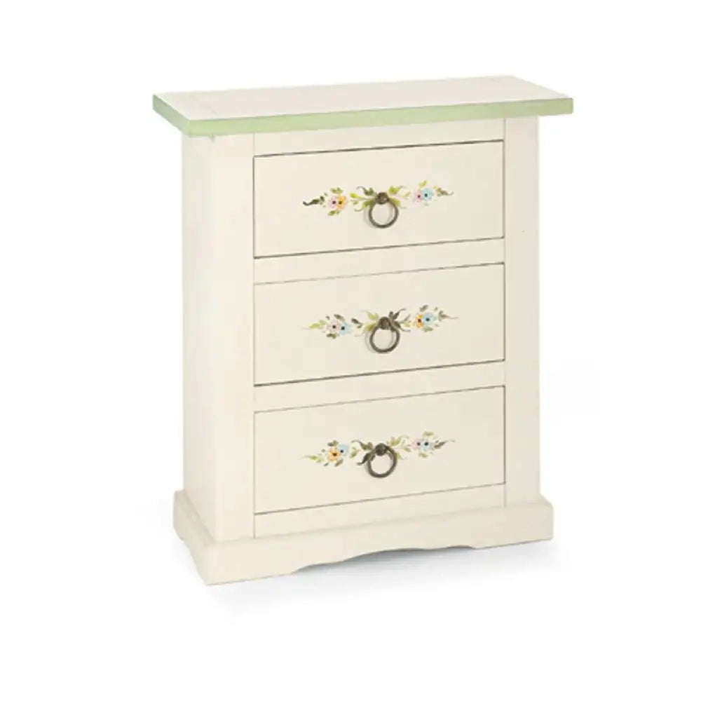 Comodino 3 cassetti in stile arte povera in legno massello e mdf con rifinitura in bianco lucido con decorato 60x35x70 H