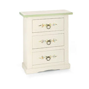 Comodino 3 cassetti in stile arte povera in legno massello e mdf con rifinitura in bianco lucido con decorato 60x35x70 H