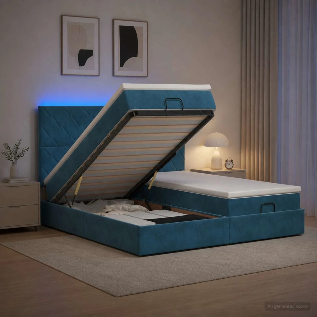Letto Ottomano con Materasso e LED Blu scuro 160 x 200 cm 3458512