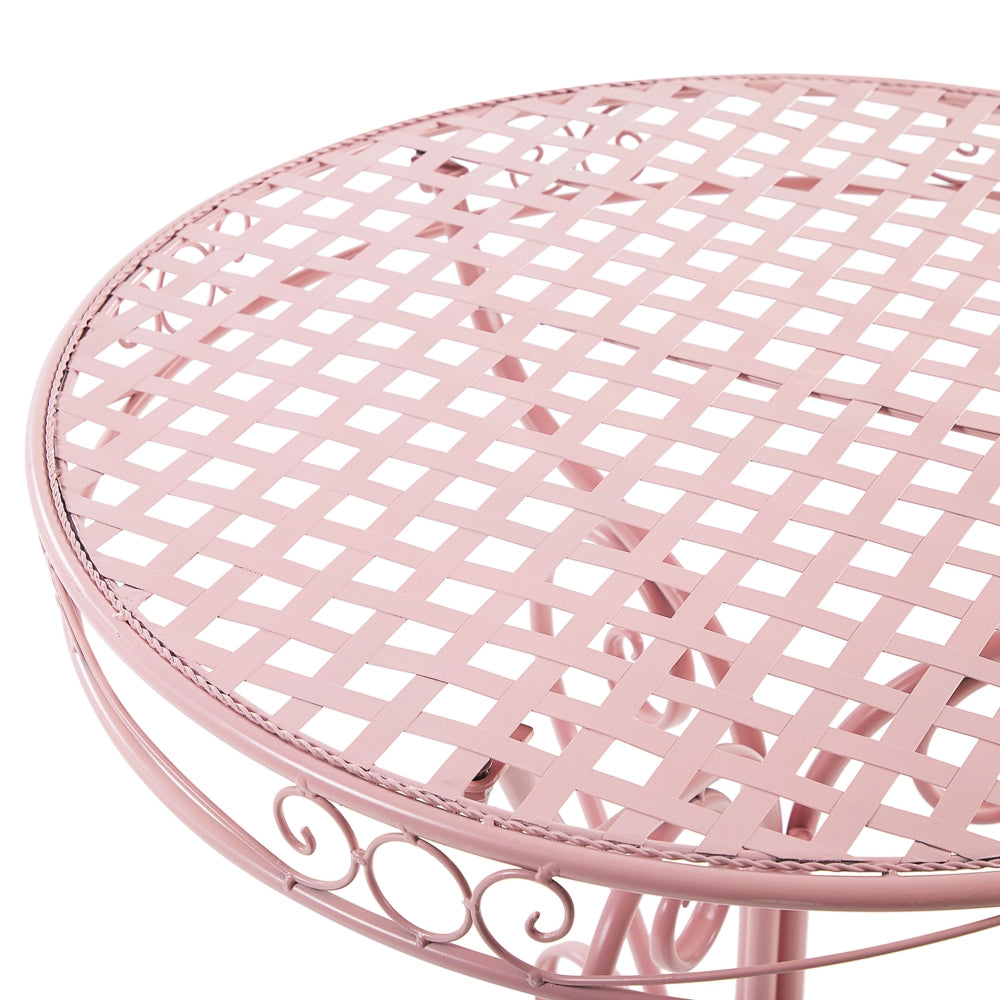 Set da bistrot da giardino in metallo rosa verniciato a polvere con tavolo e sedie da 3 pezzi