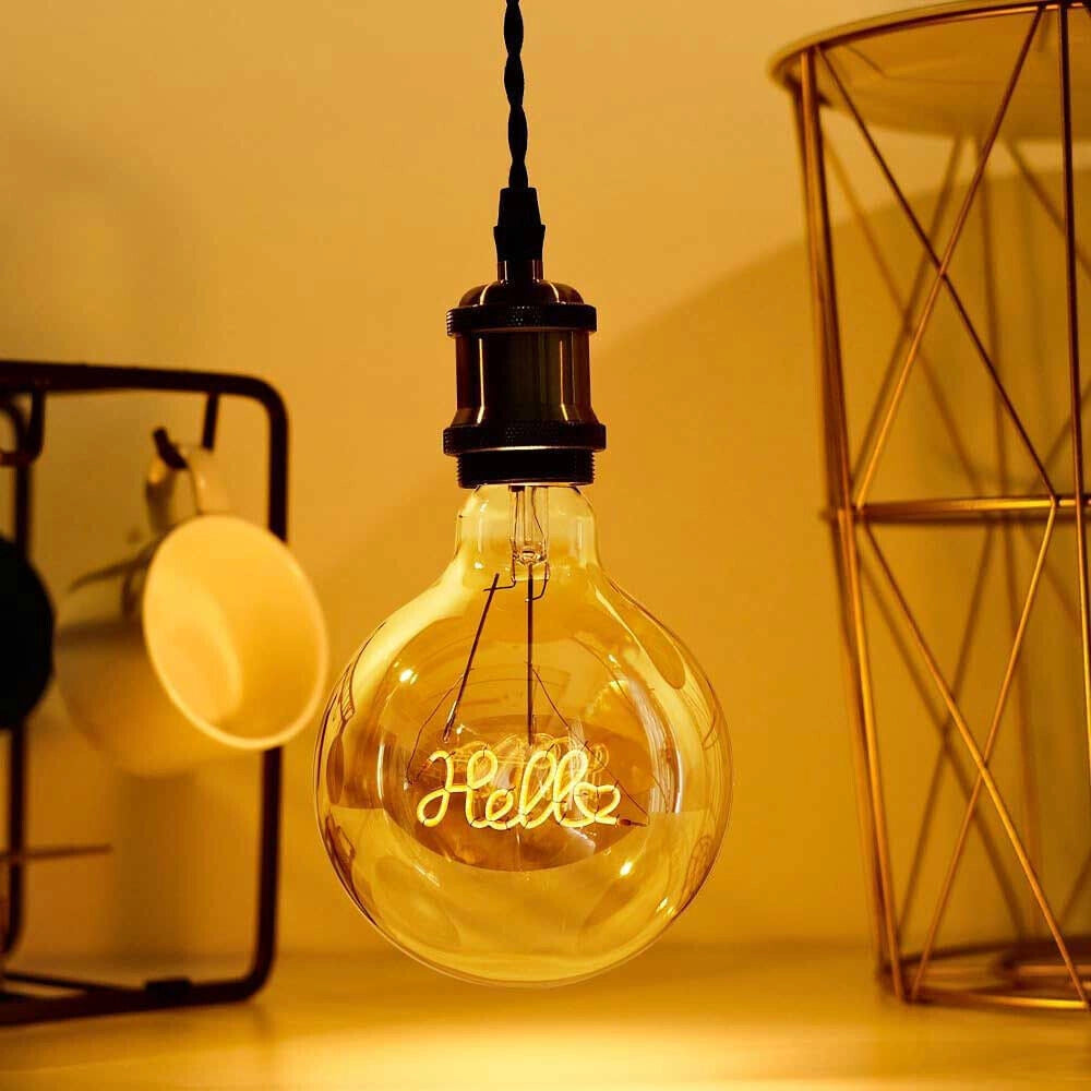 Lampadina globo a LED attacco E27 stile vintage con scritte filamento luce calda scritta Hello