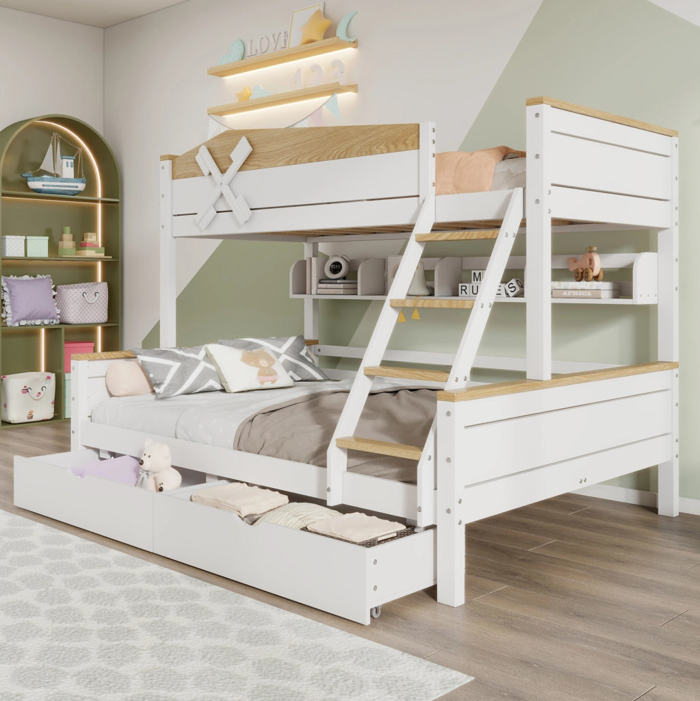 Letto a castello con mulino a vento; ripiani e 2 cassetti; pino e MDF; bianco/naturale