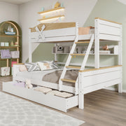 Letto a castello con mulino a vento; ripiani e 2 cassetti; pino e MDF; bianco/naturale
