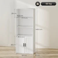 Libreria con Ripiani Aperti e Armadietto 2 Ante con Mensola Interna Regolabile, 60x30x145.5 cm, Bianco