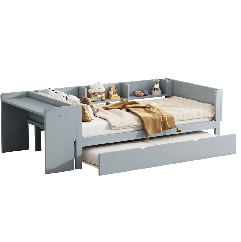 Letto per bambini 90x200 cm con letto estraibile; scrivania e ripiani laterali in legno e MDF grigio