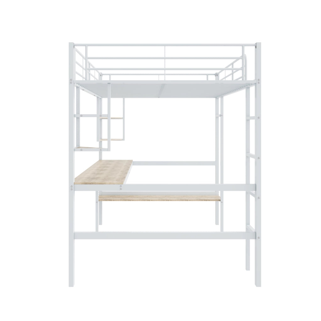 Letto a soppalco 140x200 cm con scrivania e libreria in metallo bianco