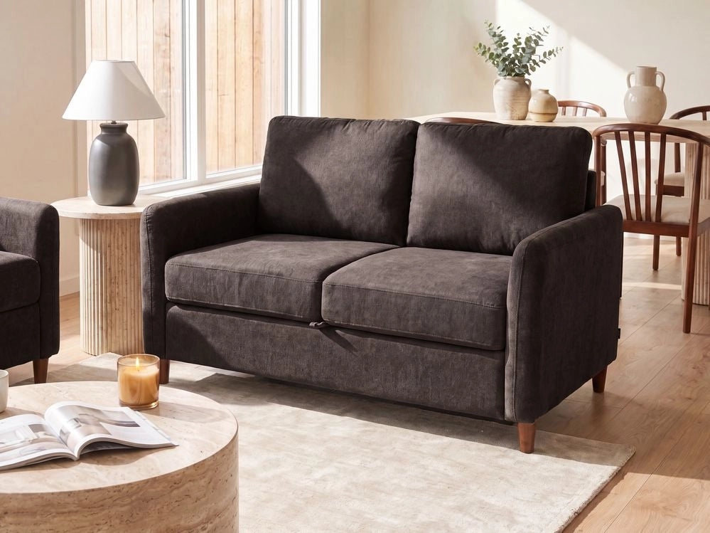 Divano a 2 posti in tessuto marrone scuro con braccioli contenitori, imbottitura spessa, stile moderno, arredamento per soggiorno