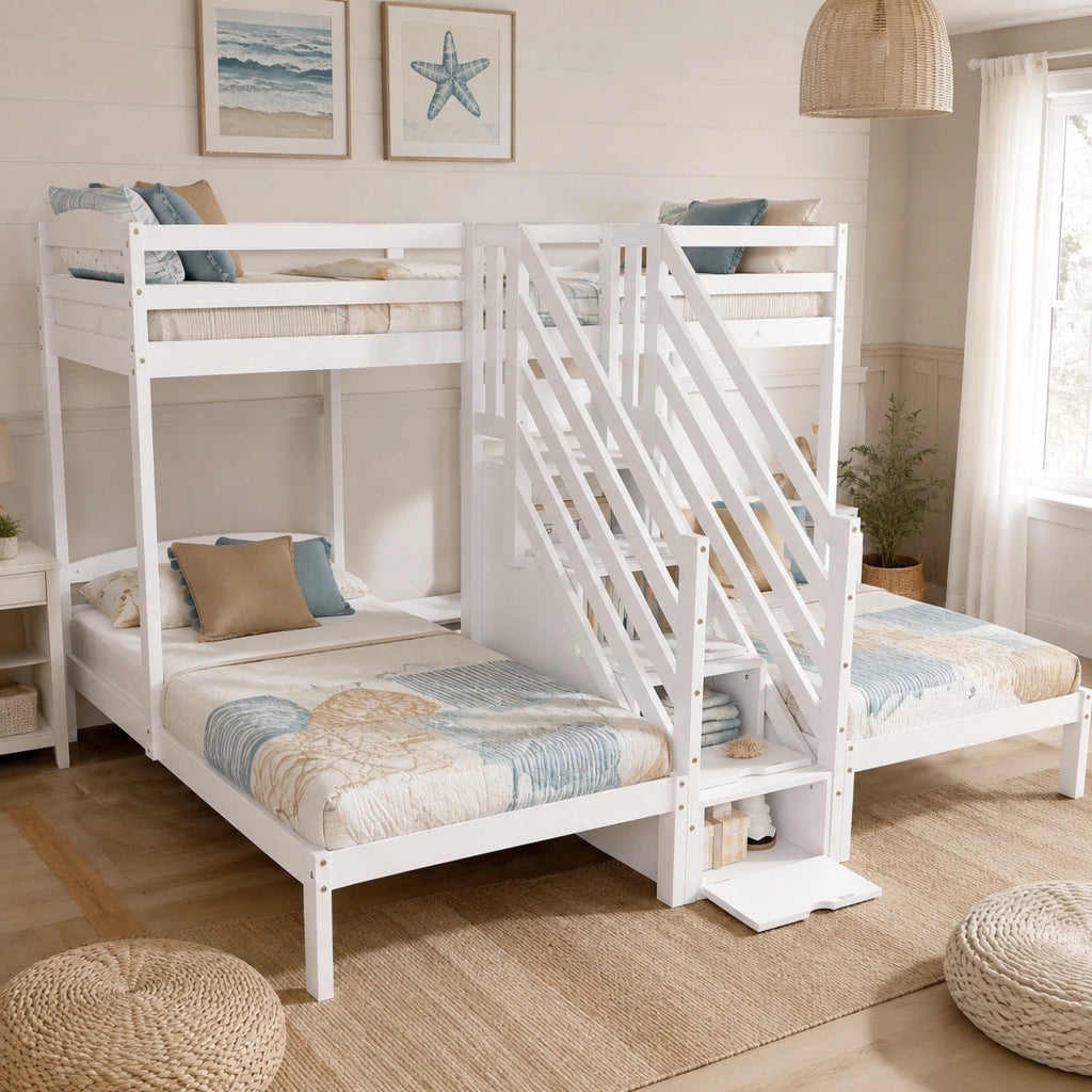 Letto a castello triplo 90x200 cm in pino con scala contenitiva e sponde, bianco