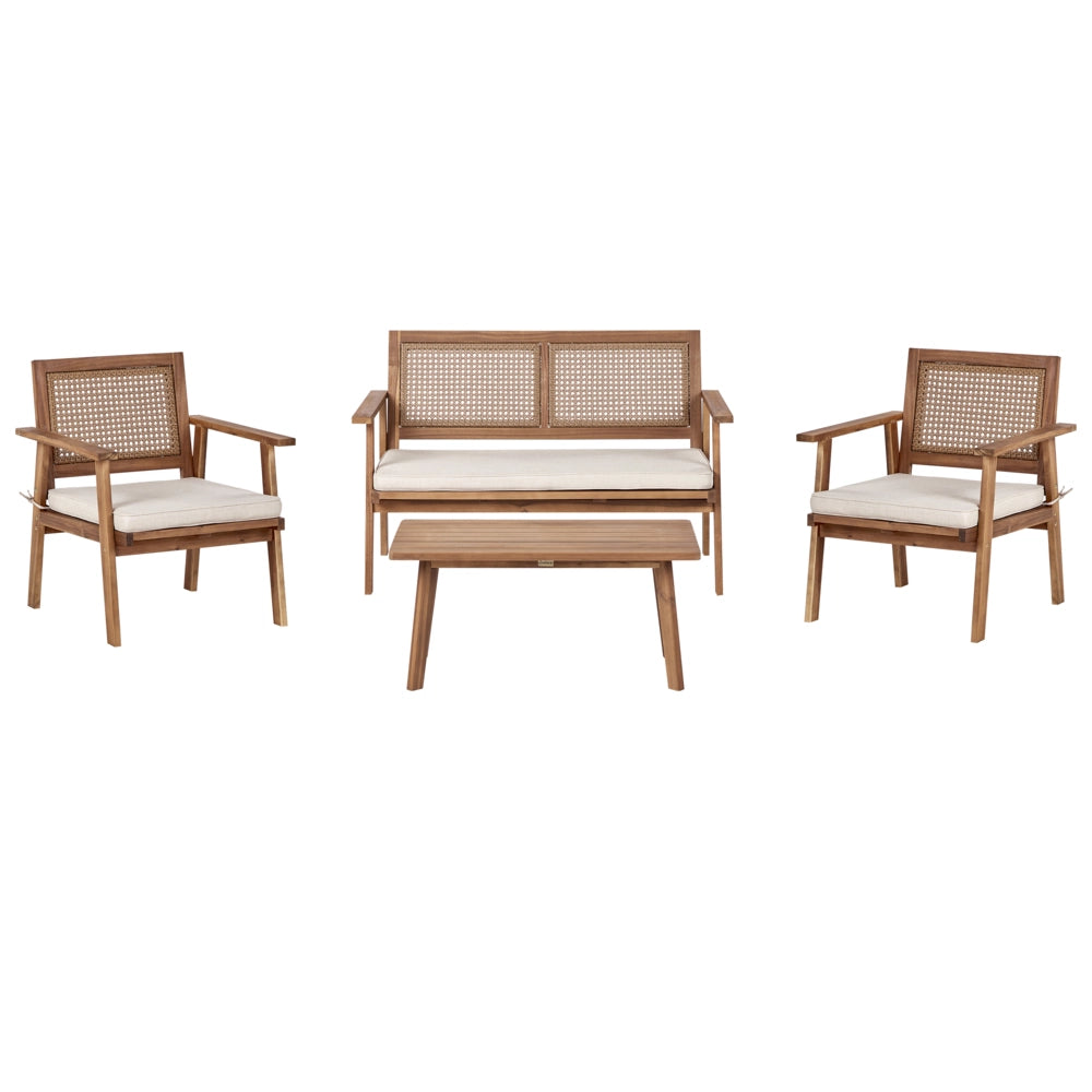 Set di divani da giardino in legno di acacia certificato chiaro Cuscini beige chiaro 4 posti Design moderno Set di conversazione per esterni