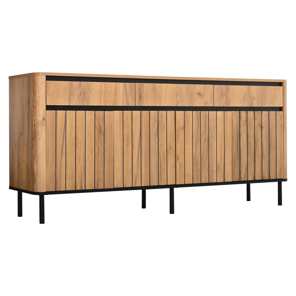 Sideboard moderno 160¡Á40¡Á73 cm in MDF con 3 cassetti e 3 ante a lamelle, 6 piedini in metallo, finitura effetto legno naturale, portata 30 kg
