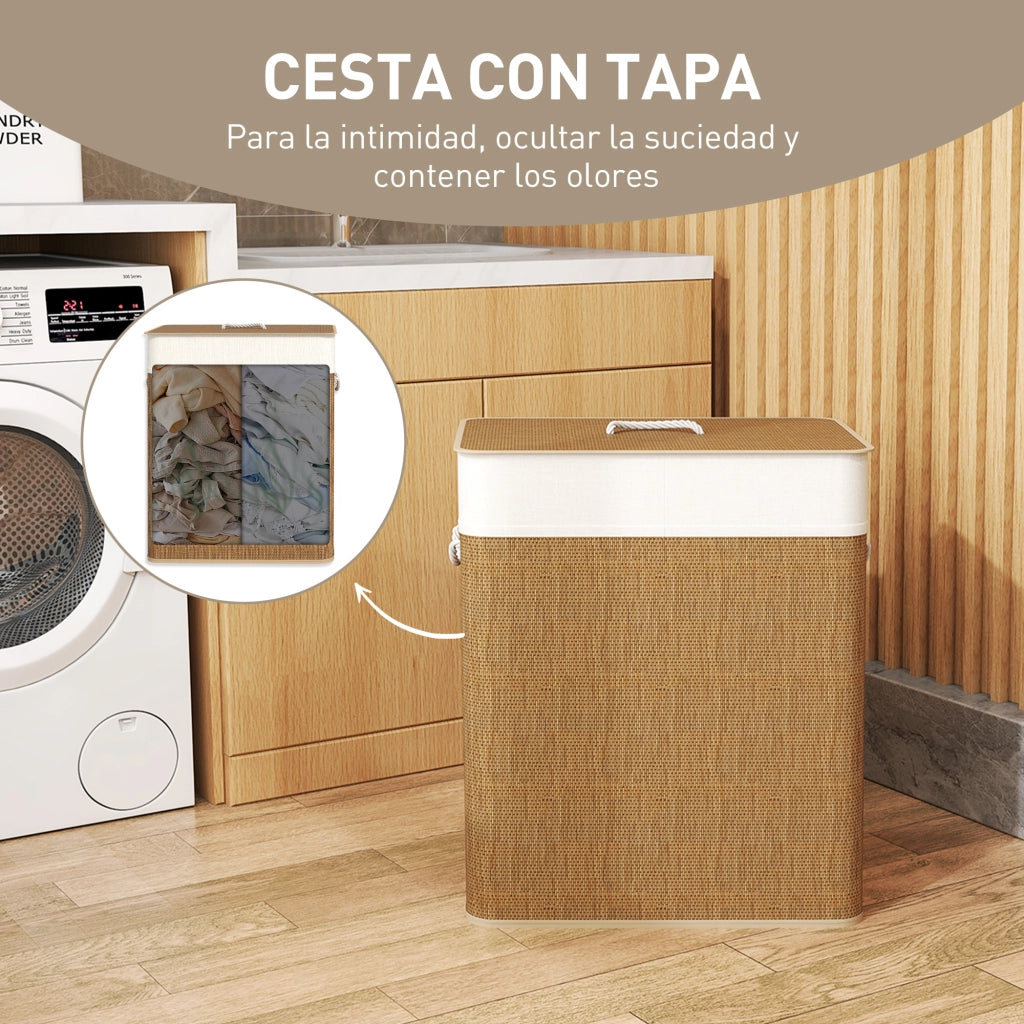 Cestino per Biancheria in Bamb¨´ con 2 Compartimenti ¨C Zephmum ¨C 52x32x63 cm