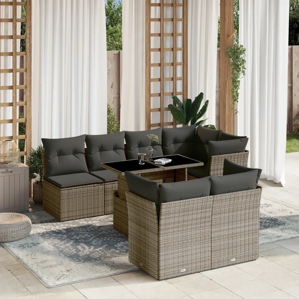 Set Divano da Giardino 8 pz con Cuscini Grigio in Polyrattan