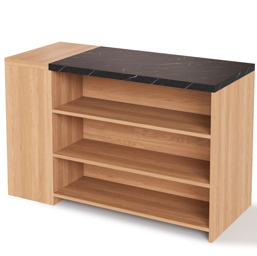 Isola cucina con bancone e cassetto nascosto 140x60x90 cm MDF nero effetto marmo e rovere