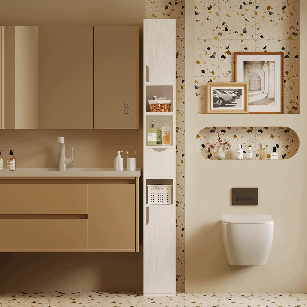 Scaffale da bagno a colonna stretta, bianco, da appoggio, 1 cassetto, pratico, in stile loft