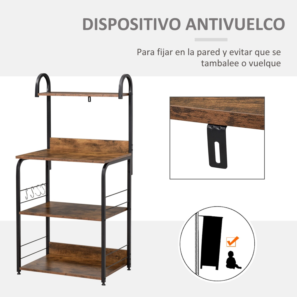 Libreria Cucina 4 Livelli con Ganchi per Microonde ¨C zephmum ¨C Marrone R¨²stico e Nero 60x40x125 cm