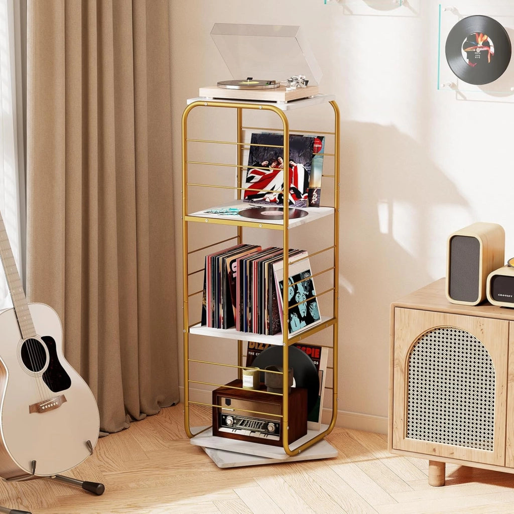 Supporto Giradischi Girevole a 4 Ripiani, Porta Dischi Rotante a 360° con Struttura in Metallo, Scaffale d'Angolo Salvaspazio per Casa, Ufficio e Soggiorno, 40x40x115 cm (Oro)