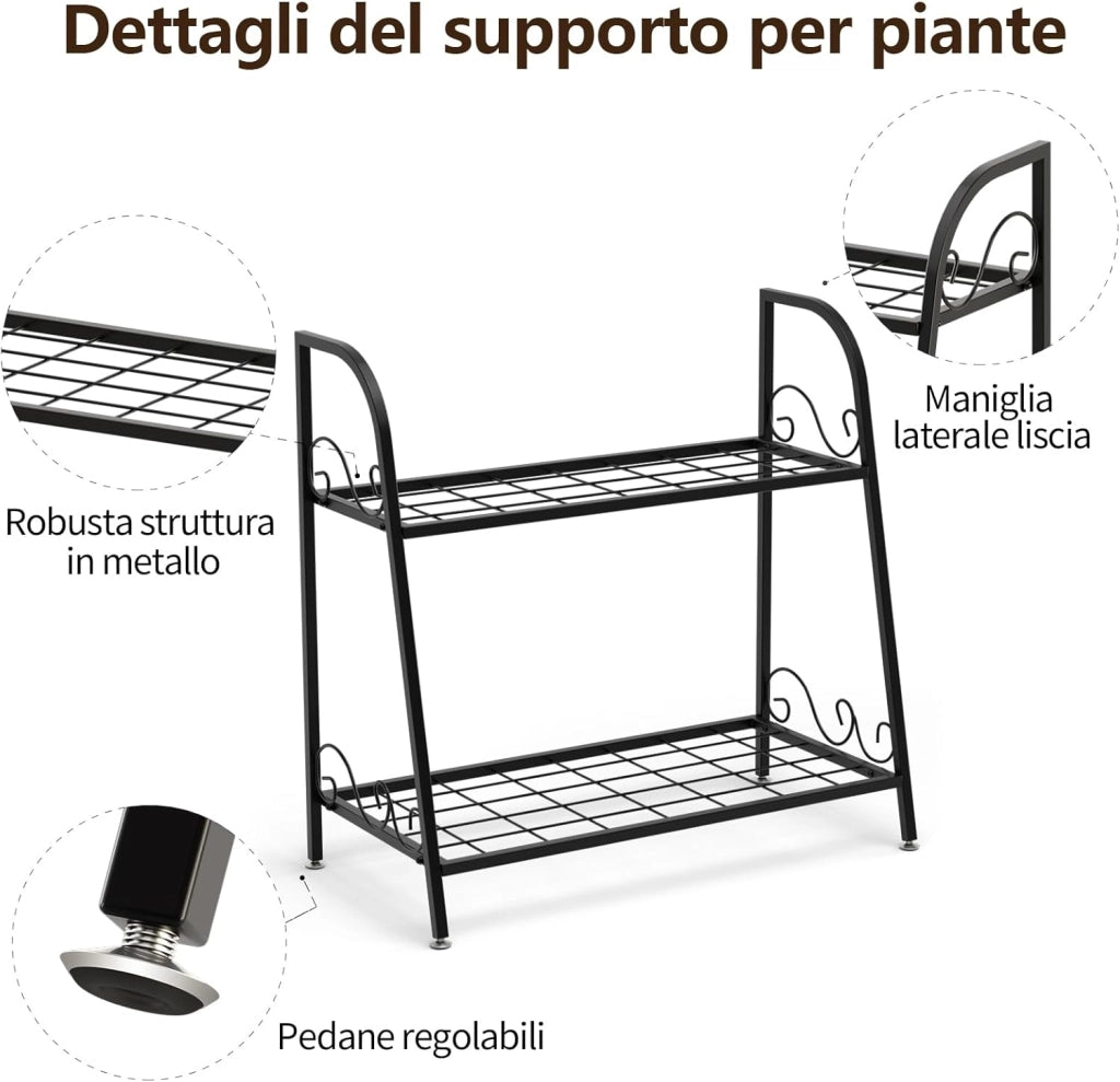 Scaffale Portafiori a 2 Ripiani, Porta Piante da Esterno e Interno a Scala, Scaffale Porta Vasi di Metallo per Balcone, Soggiorno e Giardino, 63 x 30,5 x 61,5 cm