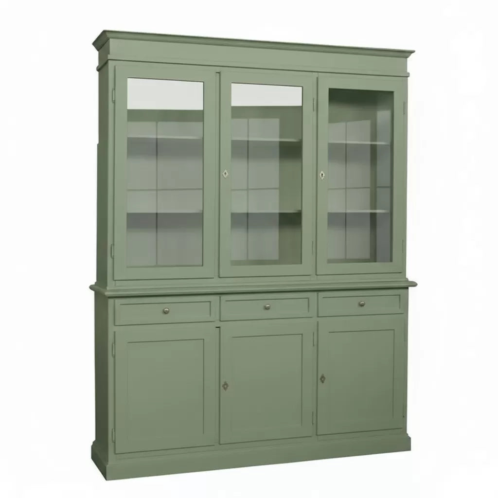 Cristalliera 3 porte 3 cassetti legno arte povera verde salvia 156x42x205 - Mobili 2G
