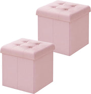 Set di 2 Panchetta con Contenitore, Pouf con Cassapanca, Scatola di Ripiano con Coperchio, Pieghevole, 43L, 37,5x38 x37,5cm, Resistenza fino a 300 kg, Tessuto Lino MDF, Rosa