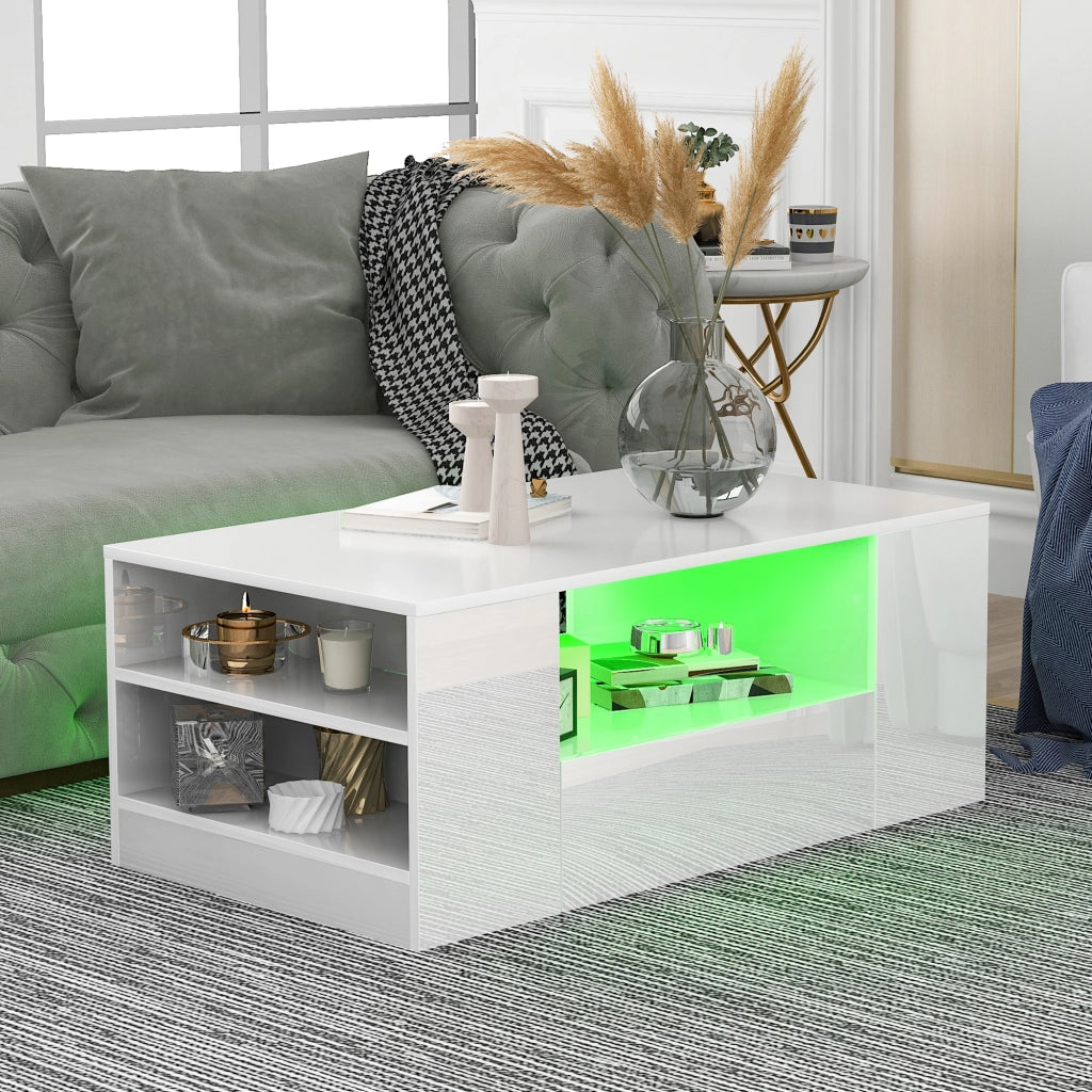 Tavolino da salotto LED con 2 cassetti e 2 ripiani; bianco; 95x53x37 cm