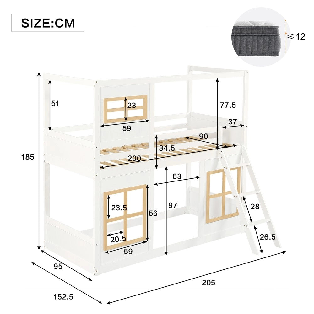 Letto a Castello per Bambini con Finestra e Scaletta ¨C MINIMAL ¨C Pino/MDF/Multistrato, Bianco, 90x200