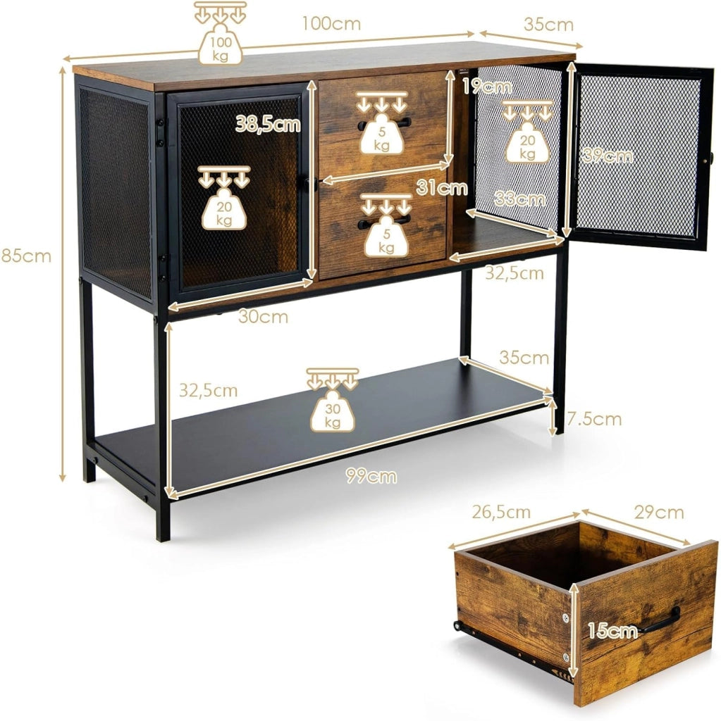 Armadietto Portaoggetti Industriale, Credenza da Cucina con Cassetti, Ante in Rete Metallica e Ripiani, Mobile Portaoggetti per Cucina Soggiorno, Sala da Pranzo, Marrone, 100 x 40 x 78 cm
