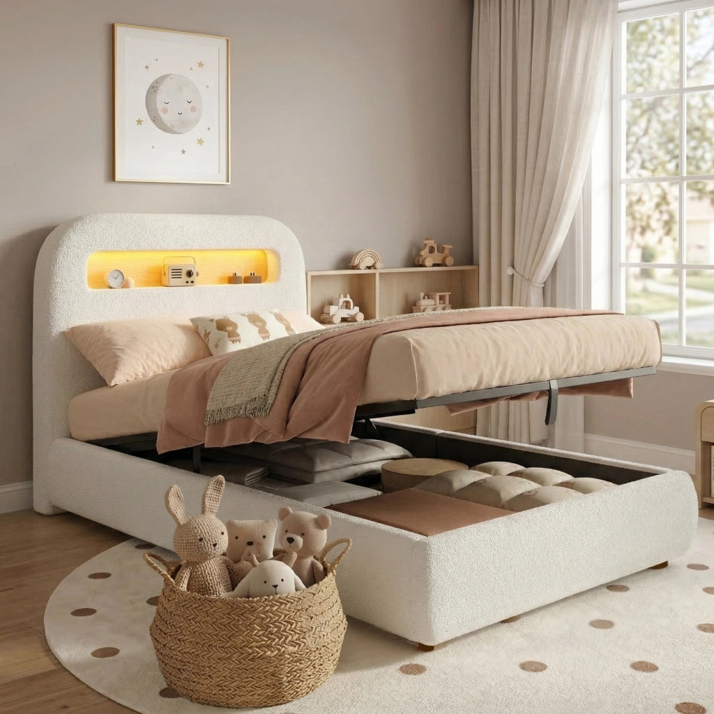 Letto Imbottito Singolo con Contenitore ¨C MINIMAL ¨C Bianco, LED, Doghe, 90x200