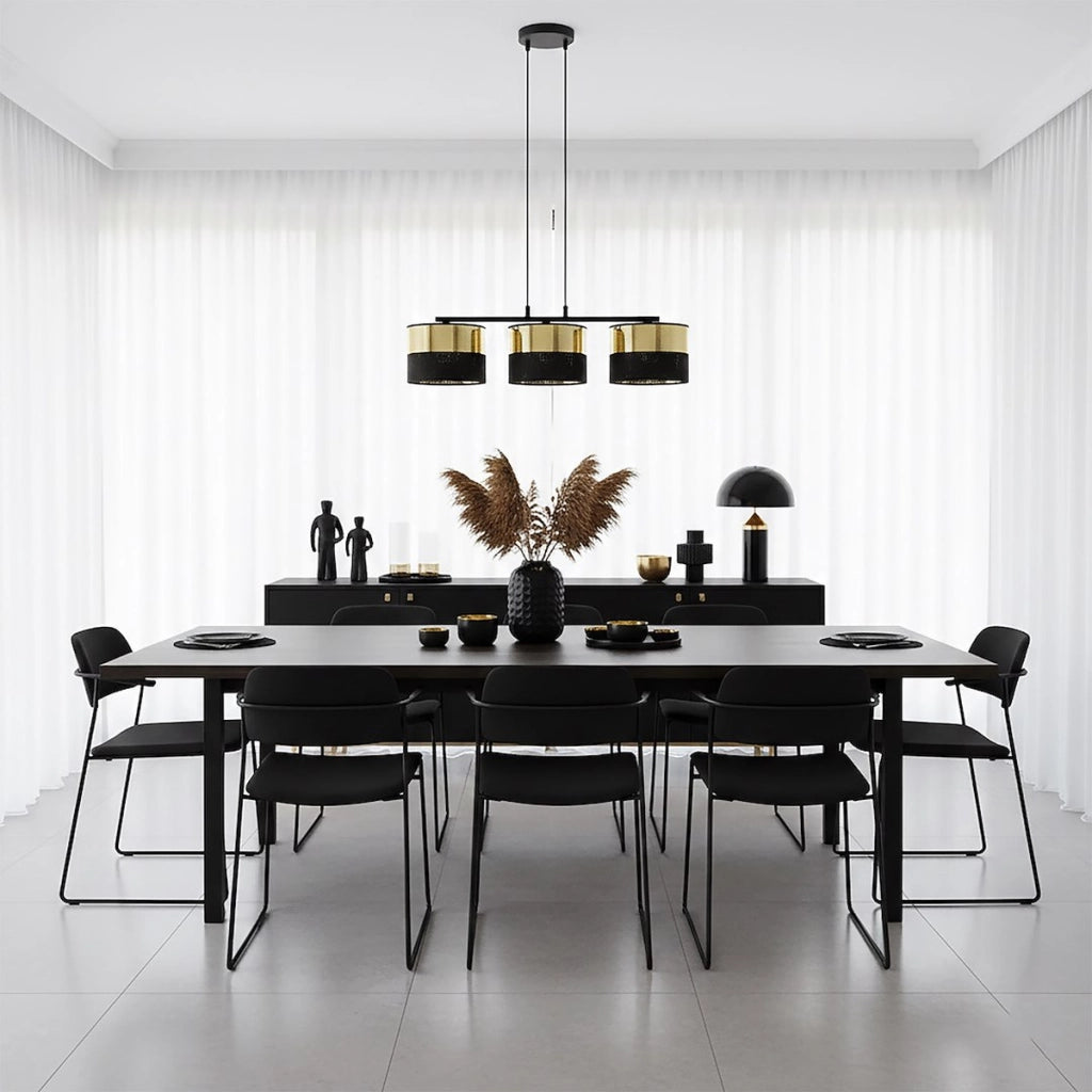 Lampada a sospensione Lux in acciaio nero e oro