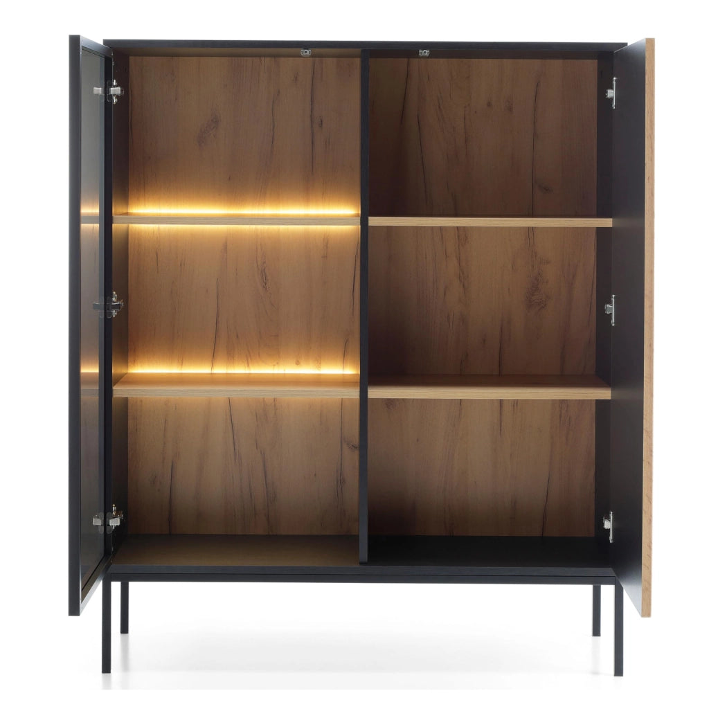 Komodee Laval WT104 - Vetrina con Illuminazione a LED, Rovere Wotan, Nero, Larghezza 104 cm, Altezza 126 cm, Profondit? 39 cm