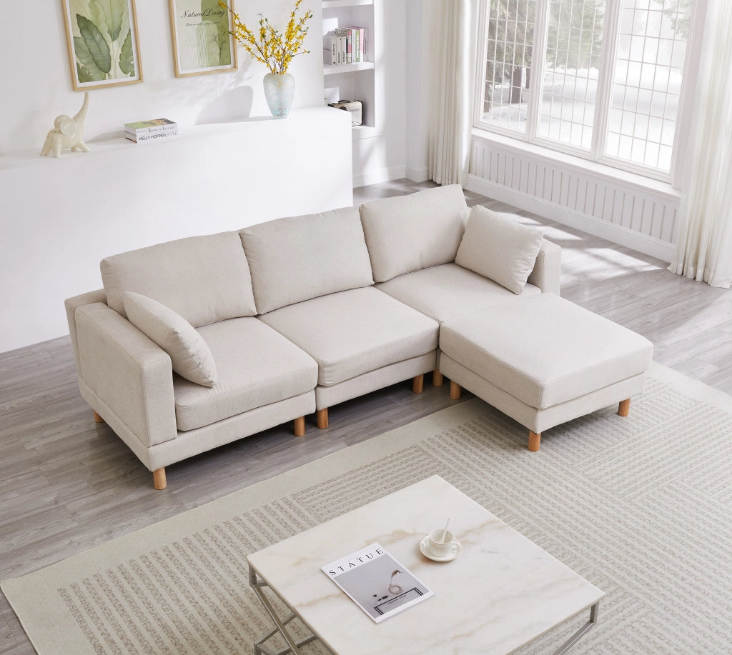 Divano Angolare 3 Posti con Poggiapiedi ¨C MINIMAL ¨C Beige, Tessuto Poliestere, Gambe Massello, 235x152x78 cm