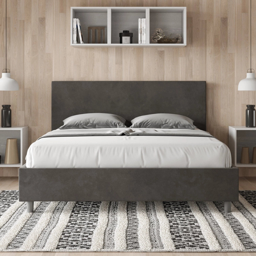 Letto matrimoniale francese senza rete imbottito 140x200 microfibra grigio Adele