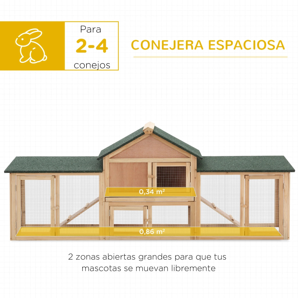 Gabbia per conigli esterna grande in legno con tetto in catrame ¨C Zephmum ¨C 210x45,5x84,5 cm colore naturale e verde
