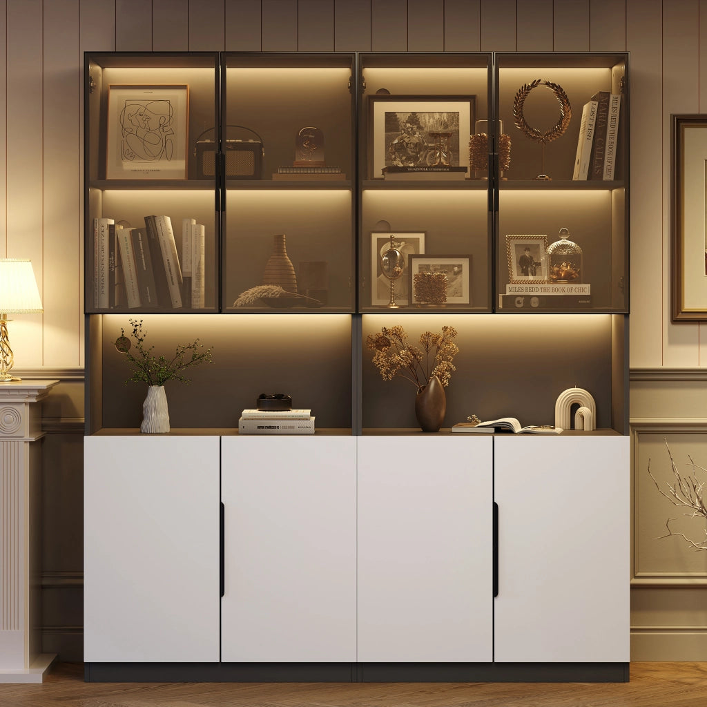 Vetrina con led e ante in vetro, vano aperto e ripiano regolabile, per soggiorno, 160 × 30 × 200 cm