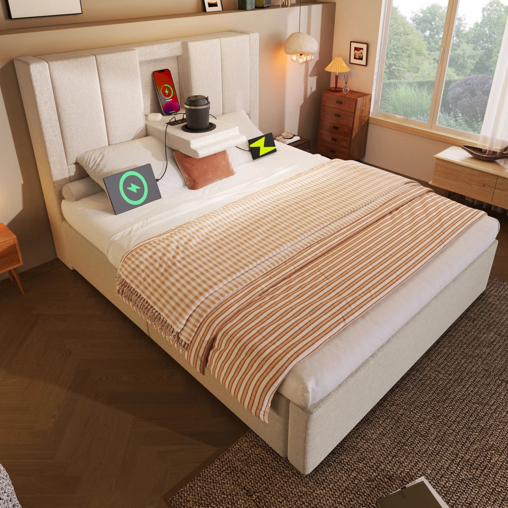 Letto imbottito 90x200 cm con portabicchiere pieghevole e stazione di ricarica; beige