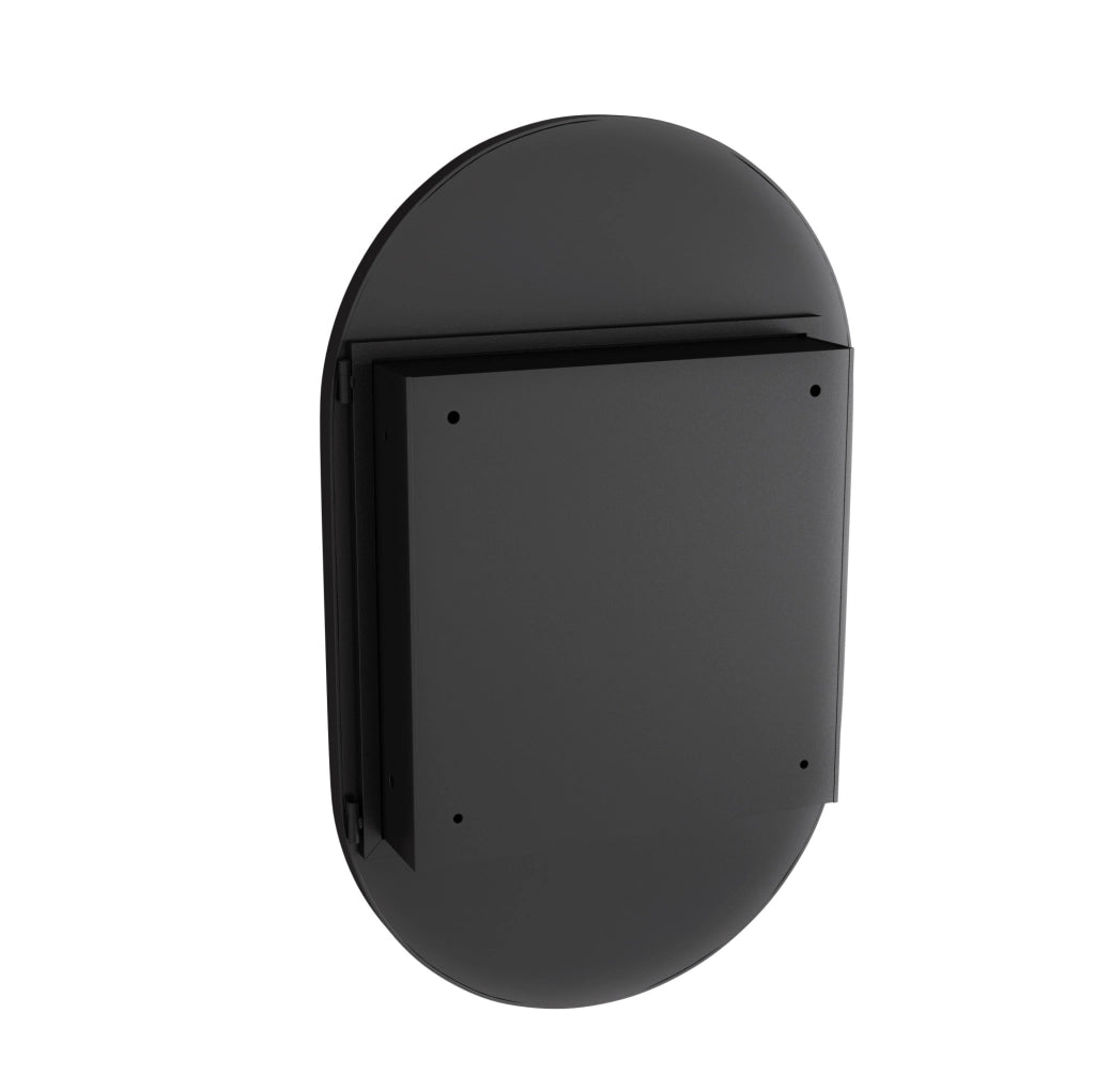 Mobile bagno ovale incassato con specchio, struttura metallica nera e ripiani regolabili