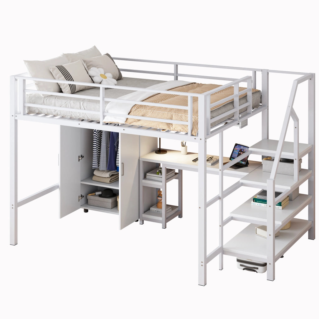 Letto a castello bianco con scrivania armadio e scaffali in metallo 140x200 cm