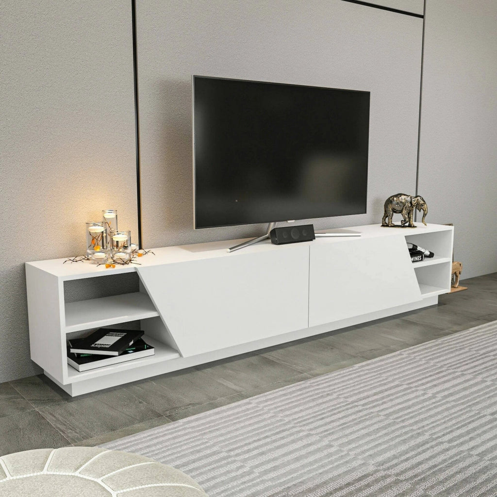 Mobile porta TV Apat, Credenza da soggiorno, Armadio basso per TV, Base parete attrezzata, 240x37h47 cm, Bianco