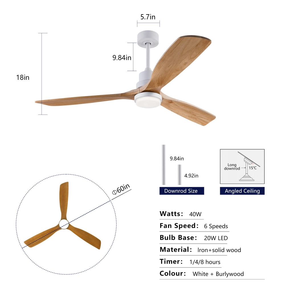 Ventilatore a soffitto da 60 pollici in legno massello con LED regolabile; telecomando; Natural e Bianco