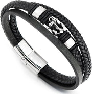 Anello di ancoraggio in acciaio inossidabile per uomo - cinturino in pelle intrecciata nera - 21.5CM - senza pietra preziosa