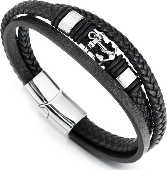 Anello di ancoraggio in acciaio inossidabile per uomo - cinturino in pelle intrecciata nera - 21.5CM - senza pietra preziosa