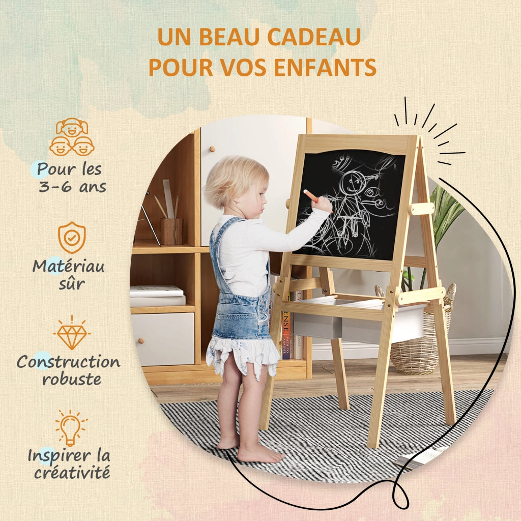 Cavalletto per bambini con lavagna bianca e nera e rotolo di carta ¨C Xylo ¨C 58x50,5x109 cm naturale