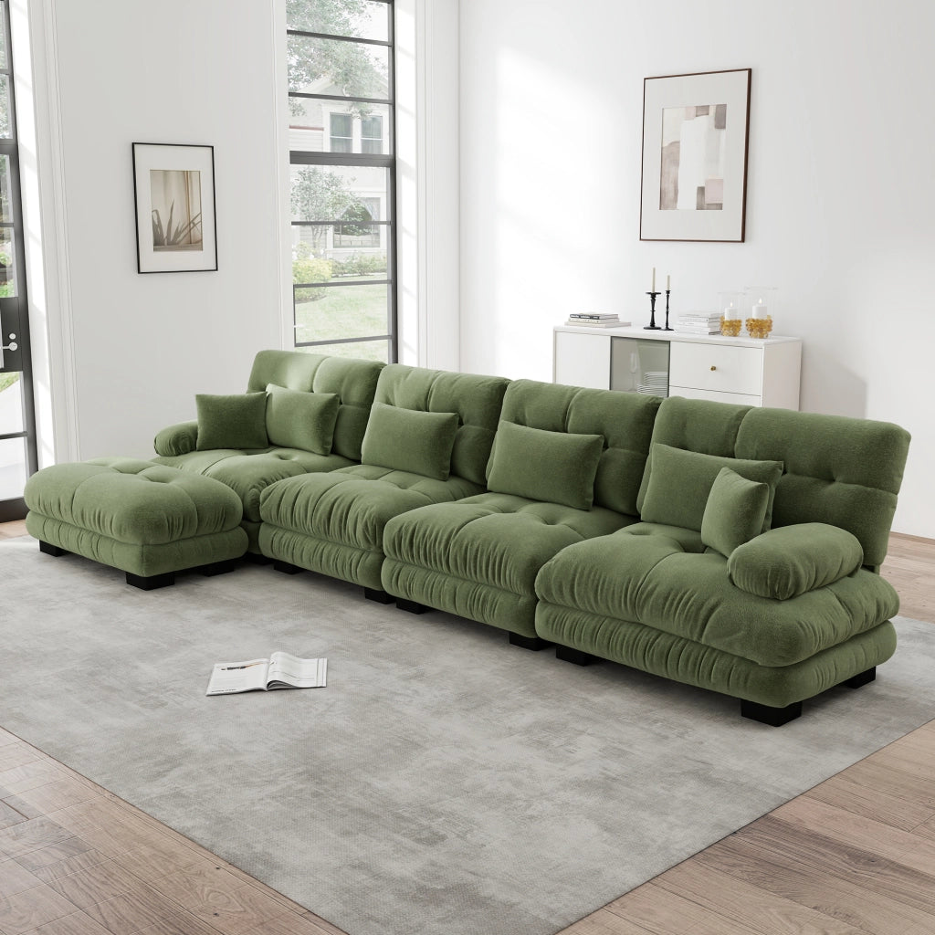 Divano angolare modulare 4 posti con pouf mobile e cuscini in ciniglia verde per soggiorno 406 × 145 × 81 cm