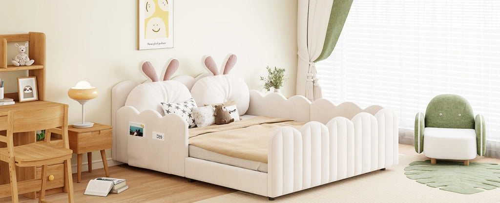 Letto Piattaforma Imbottito 140x200 cm con Cuscino a Forma di Coniglio, Beige